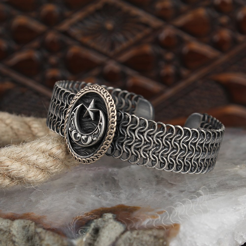 Free Size Mond Stern Ay Yildiz Geflochtenes Armband 925 Silber