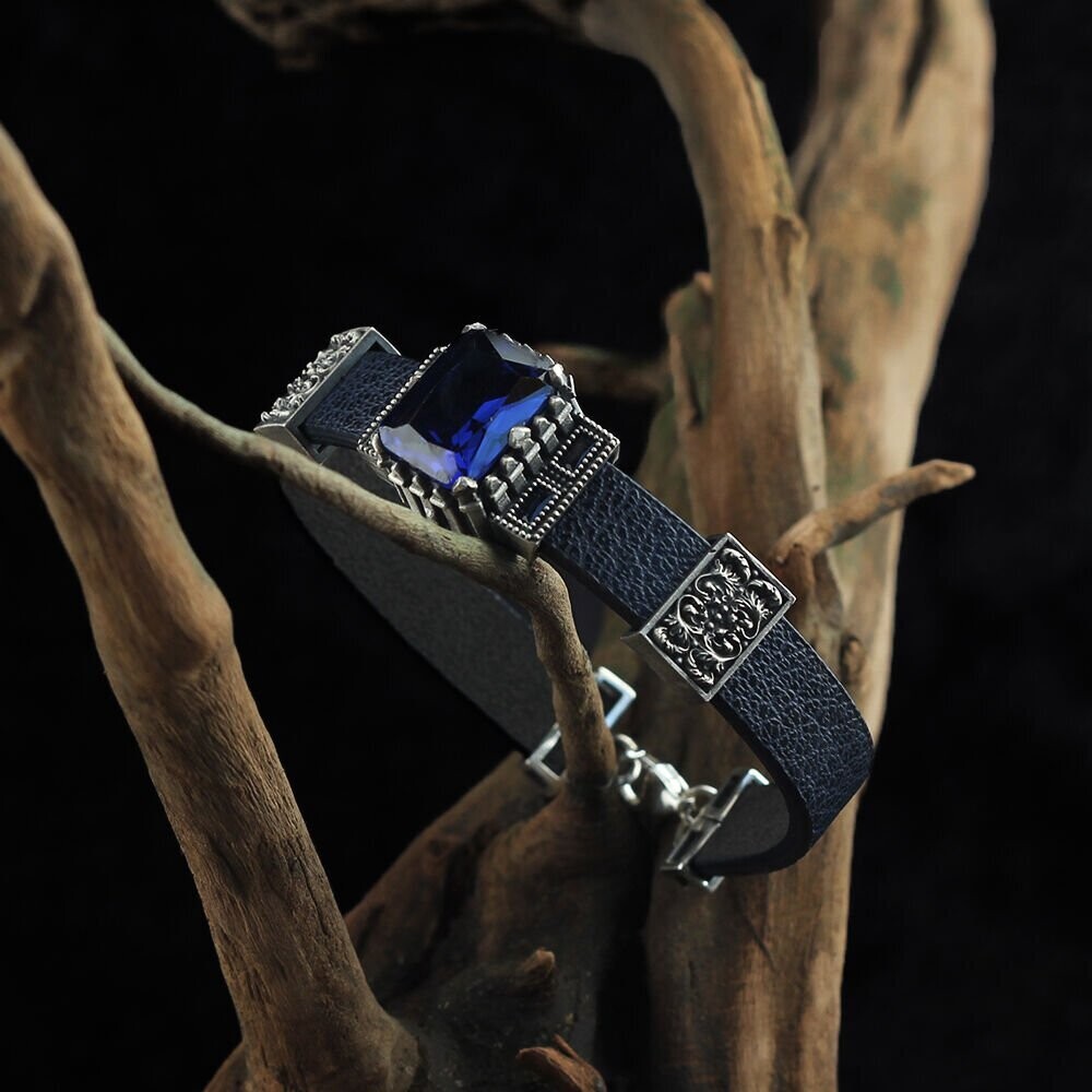 Aquamarin Leder Silber Armband
