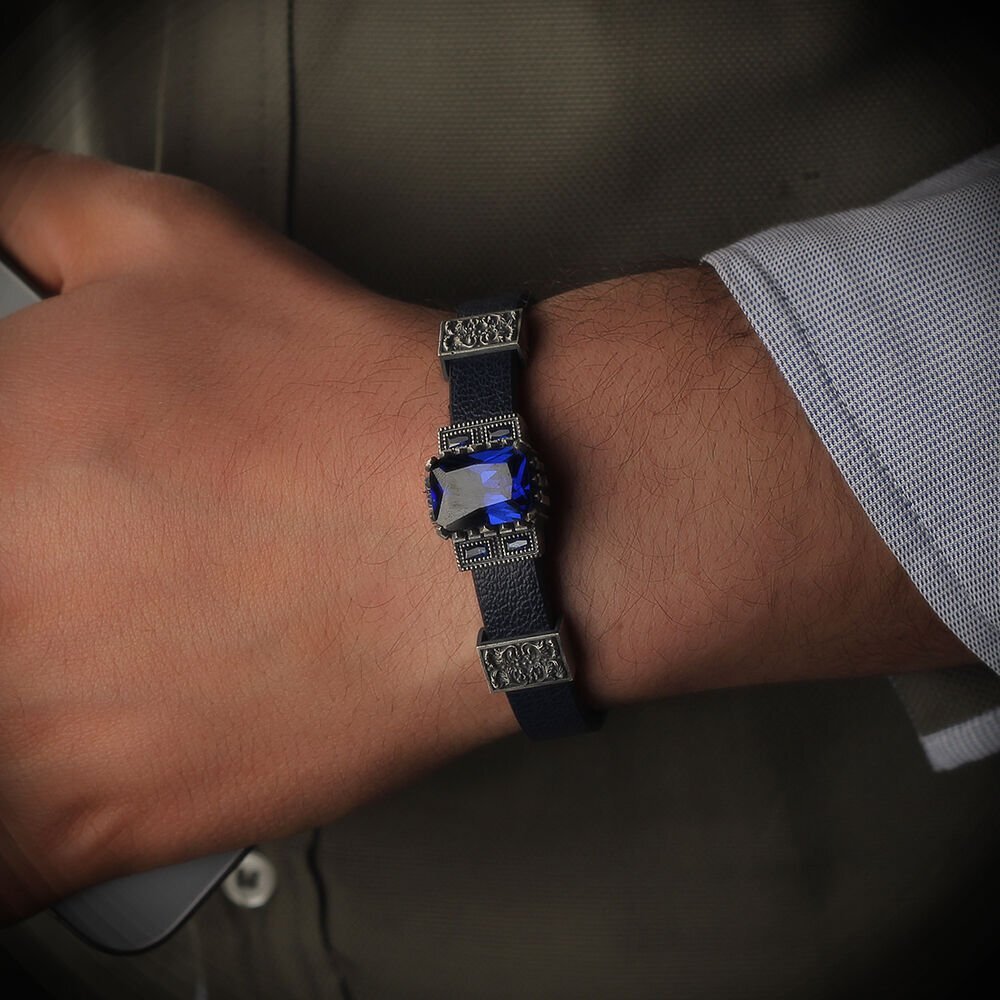 Aquamarin Leder Silber Armband