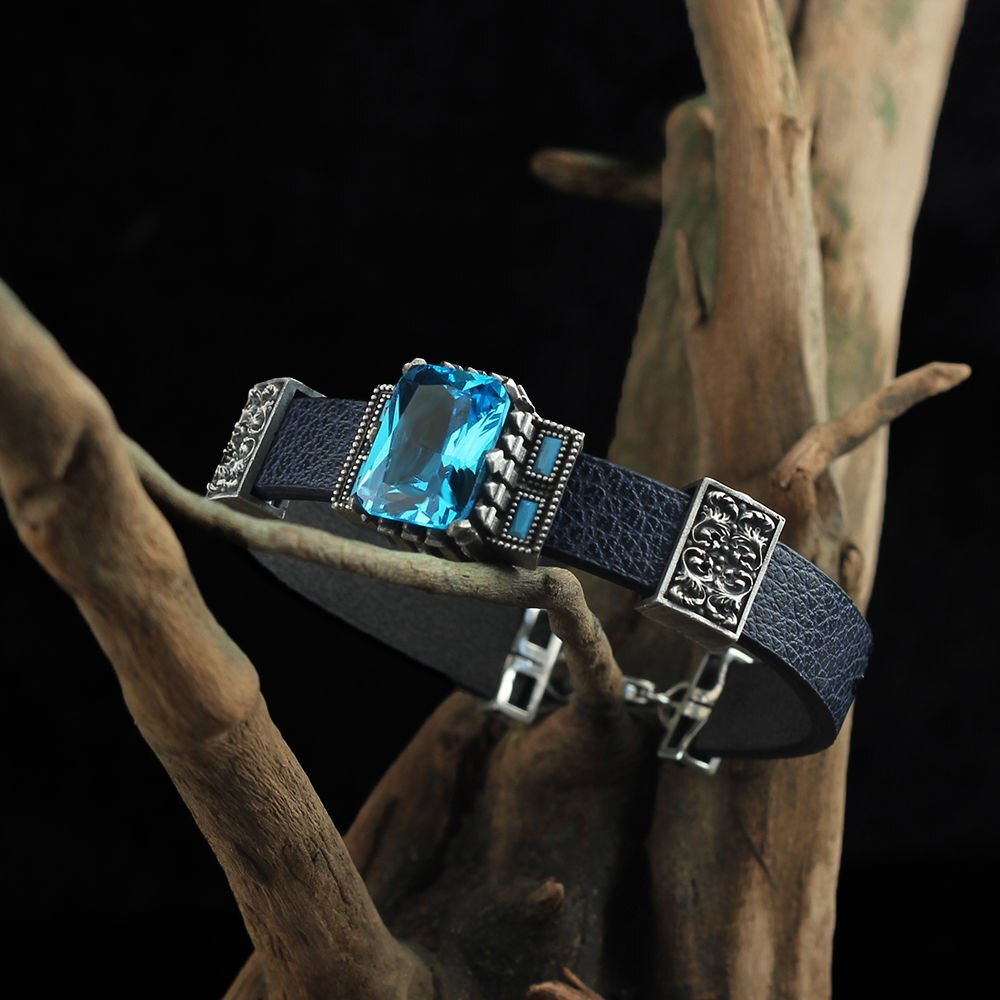 Zirkon Leder Silber Armband