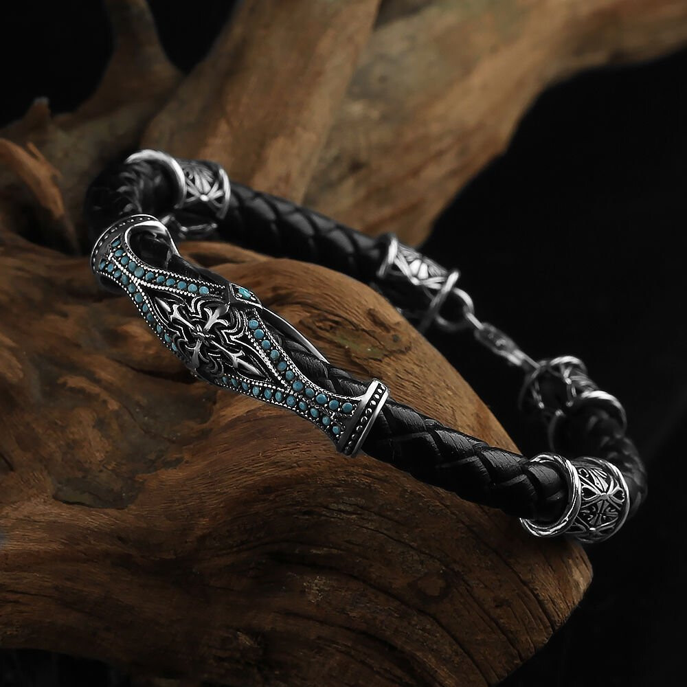 Leather sterling silver bracelet discount