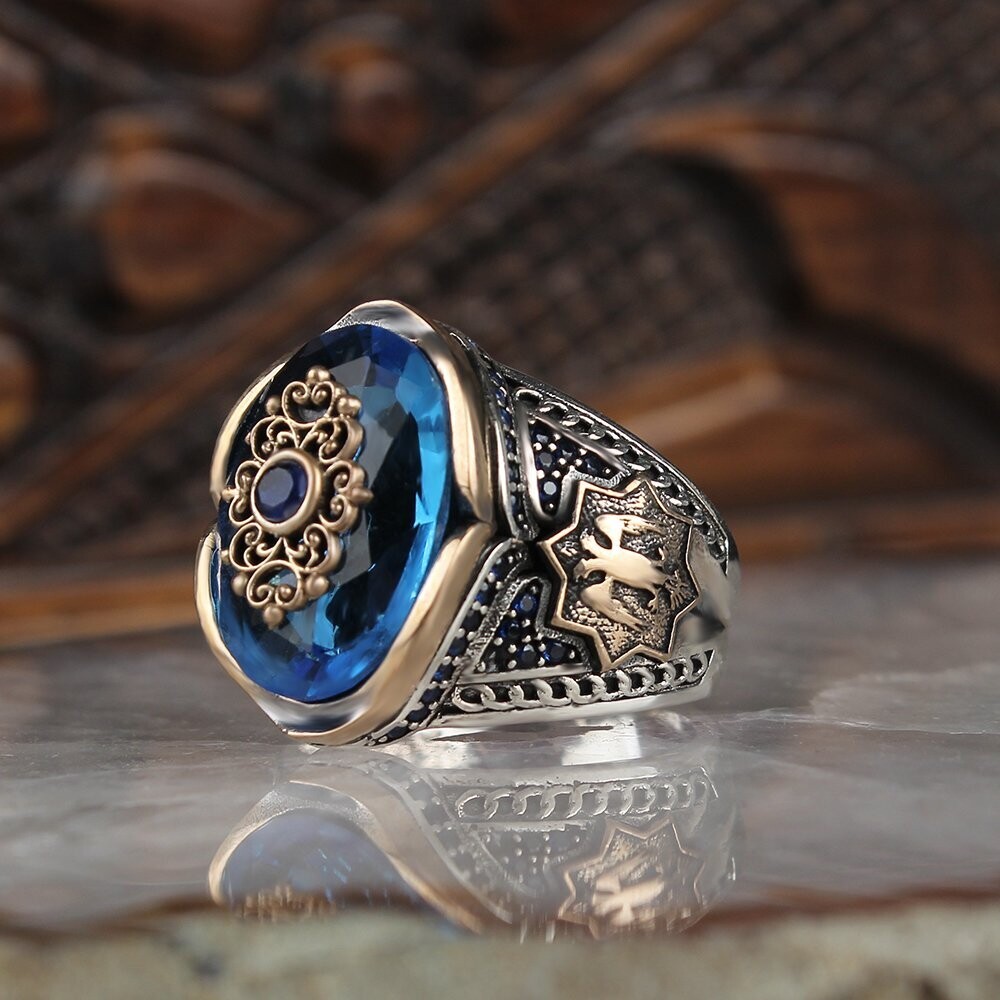 Herrenring aus 925er Sterlingsilber mit Aqua-Stein