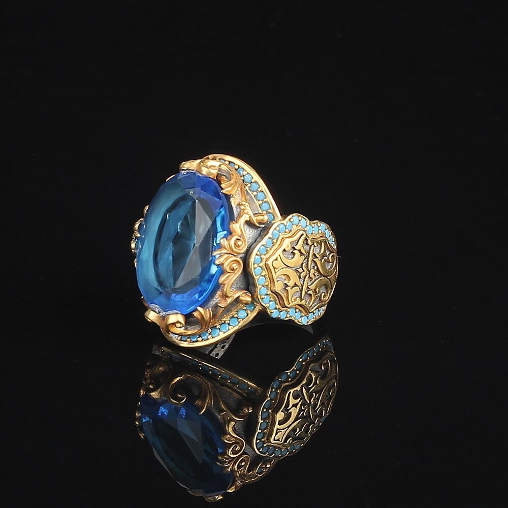 Herren 925 Silber Ring Topaz Vergoldet