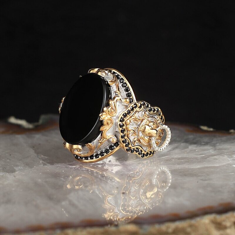 Herren 925 Silber Löwe Ring Onyx Vergoldet Herren 925 Silber Löwe Ring Onyx Vergoldet
