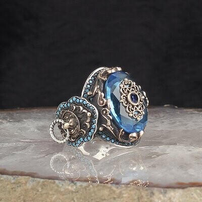 Aqua Marine Stein 925 Sterling Silber Ring mit Löwensymbol