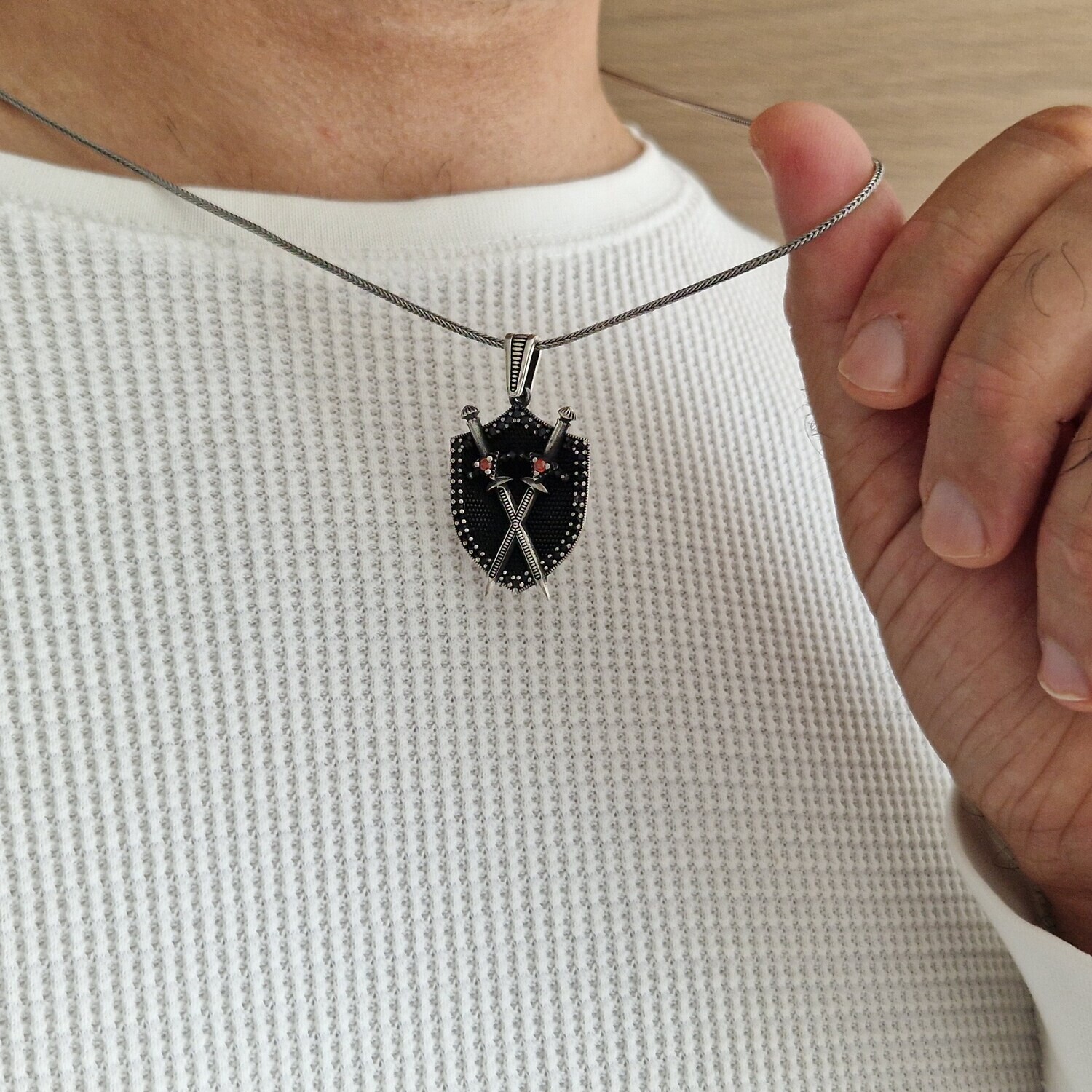 Doppelschwert Schild Halskette 925 Sterling Silber mit Zirkon
