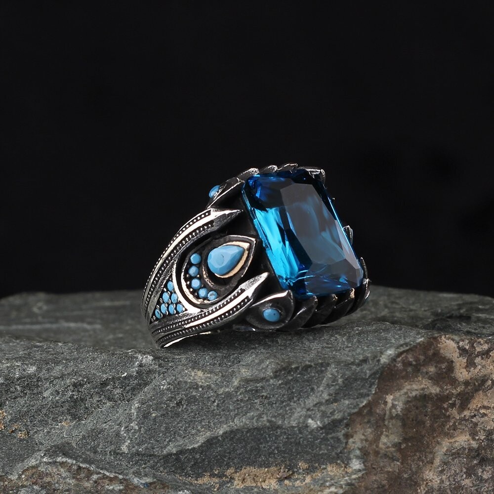 Aqua Aura Stein Herrenring 925 Sterling Silber