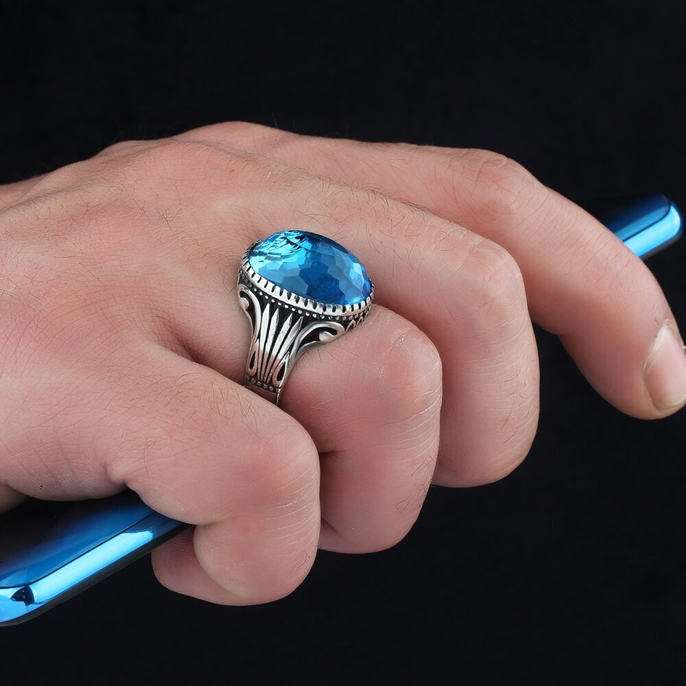 Aqua Aura Stein Herrenring 925 Sterling Silber