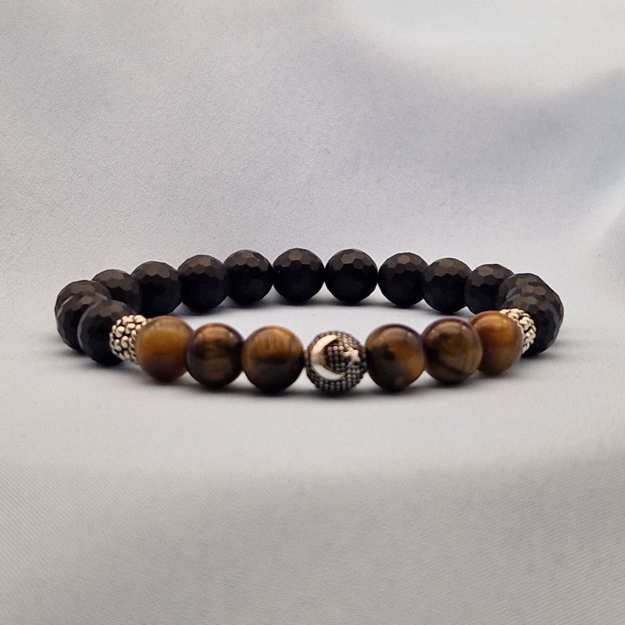 Silbernes Stern- und Halbmond-Natursteinarmband, Perlenarmband