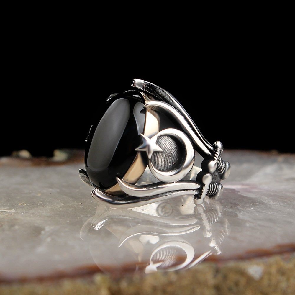 925 Silber Herrenring ayyildiz Onyx Türkische Flagge