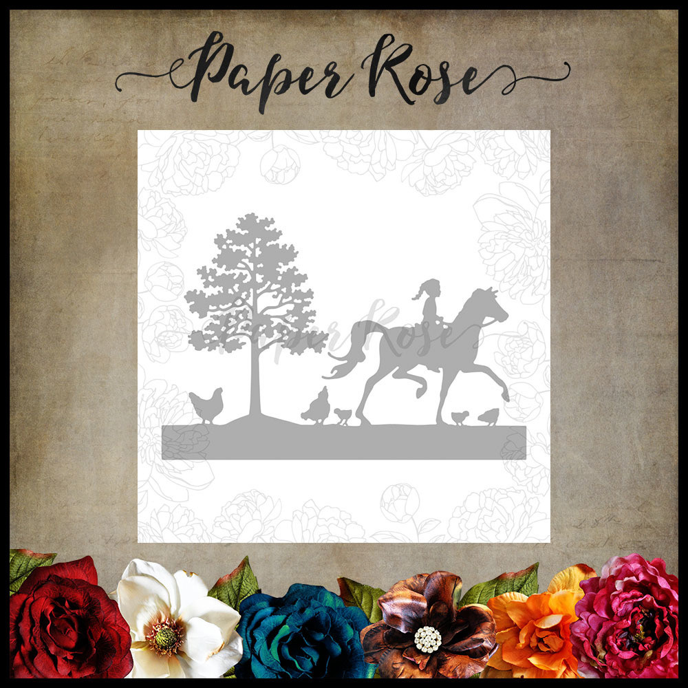 Paper Rose Die - Afternoon Ride, Girl on Horse with Chickens Metal Die