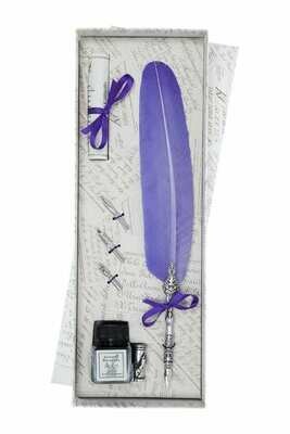 Feather Quill gift set ink bottle with pen rest - Blue (royal)