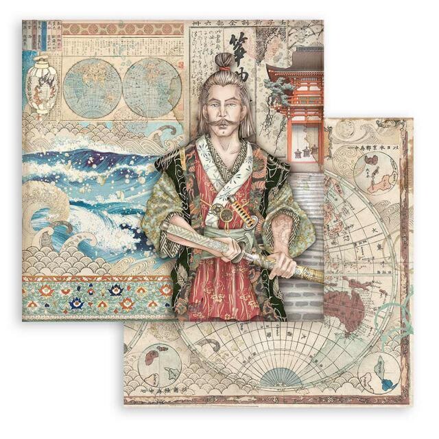 Stamperia - Sir Vagabond in Japan - Double-sided Cardstock - 12&quot;x12&quot;- Samurai by Antonis Tzanidakis 