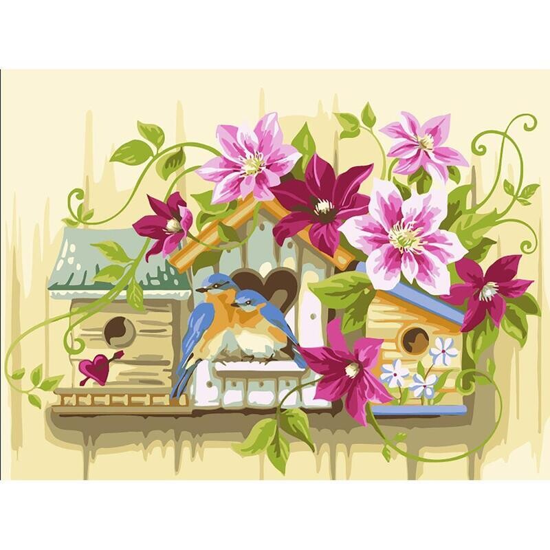 Vervaco - Paint By Number Kit - Little Birdhouses - 16&quot;x12&quot; - on stretched canvas