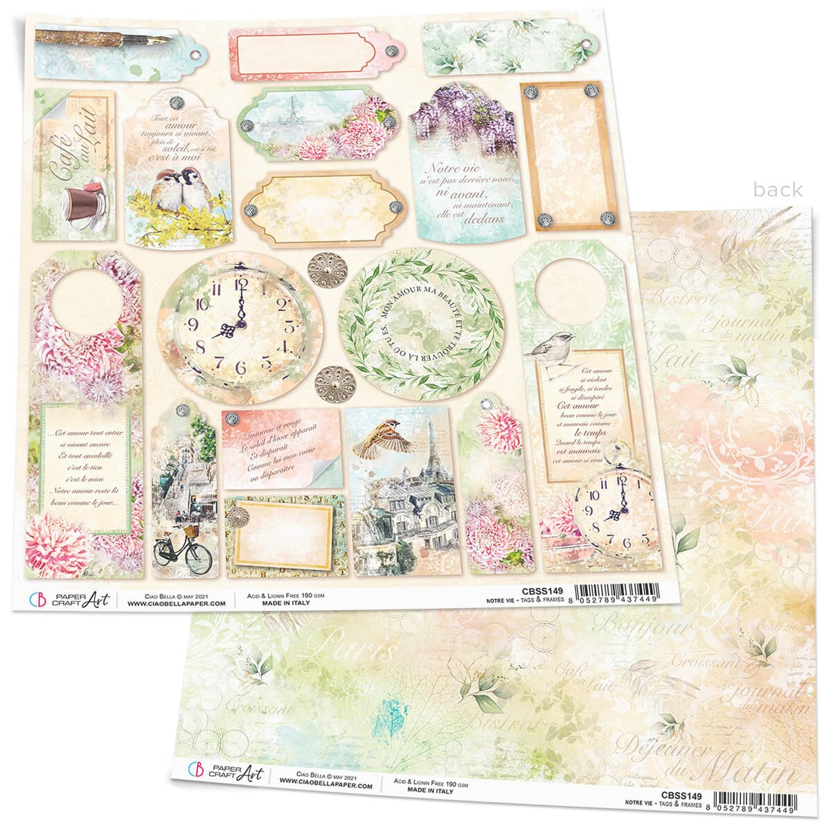 Ciao Bella - Notre Vie - Tags and Frames - 12&quot;x12&quot; Double-sided Paper Sheet