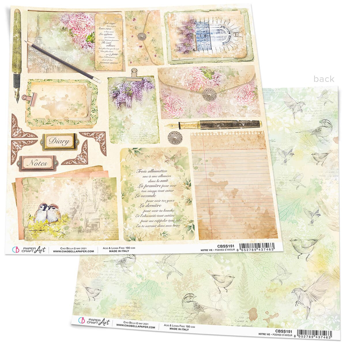 Ciao Bella - Notre Vie - Poemes D&#39;Amour - 12&quot;x12&quot; Double-sided Paper Sheet
