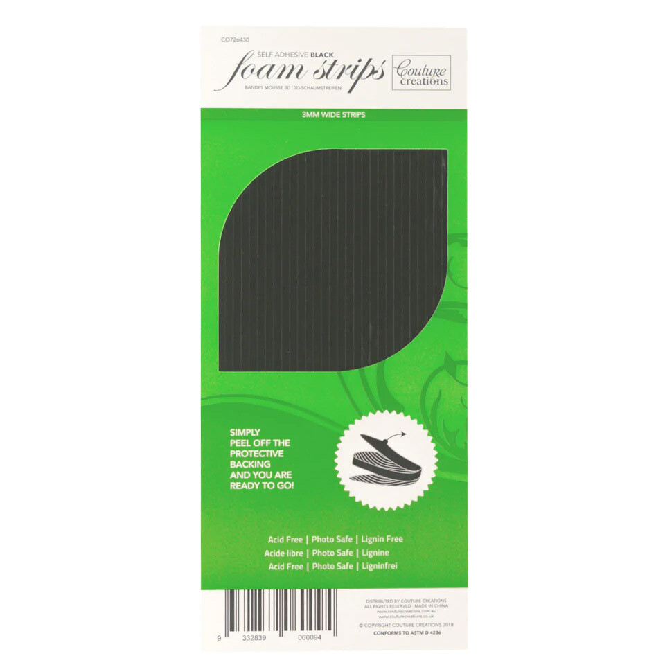 Self-adhesive 2mm Thick Foam Strips 3mm wide - Black