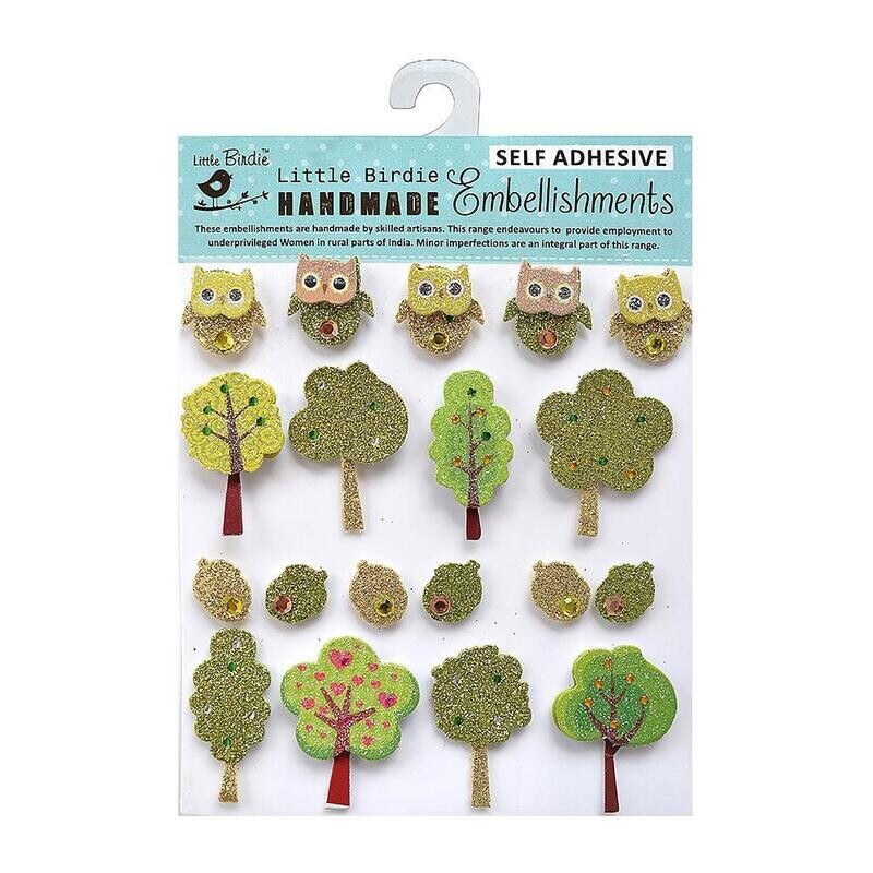 Little Birdie - 3D Mini glitter Stickers - Tiny Trees and Owls