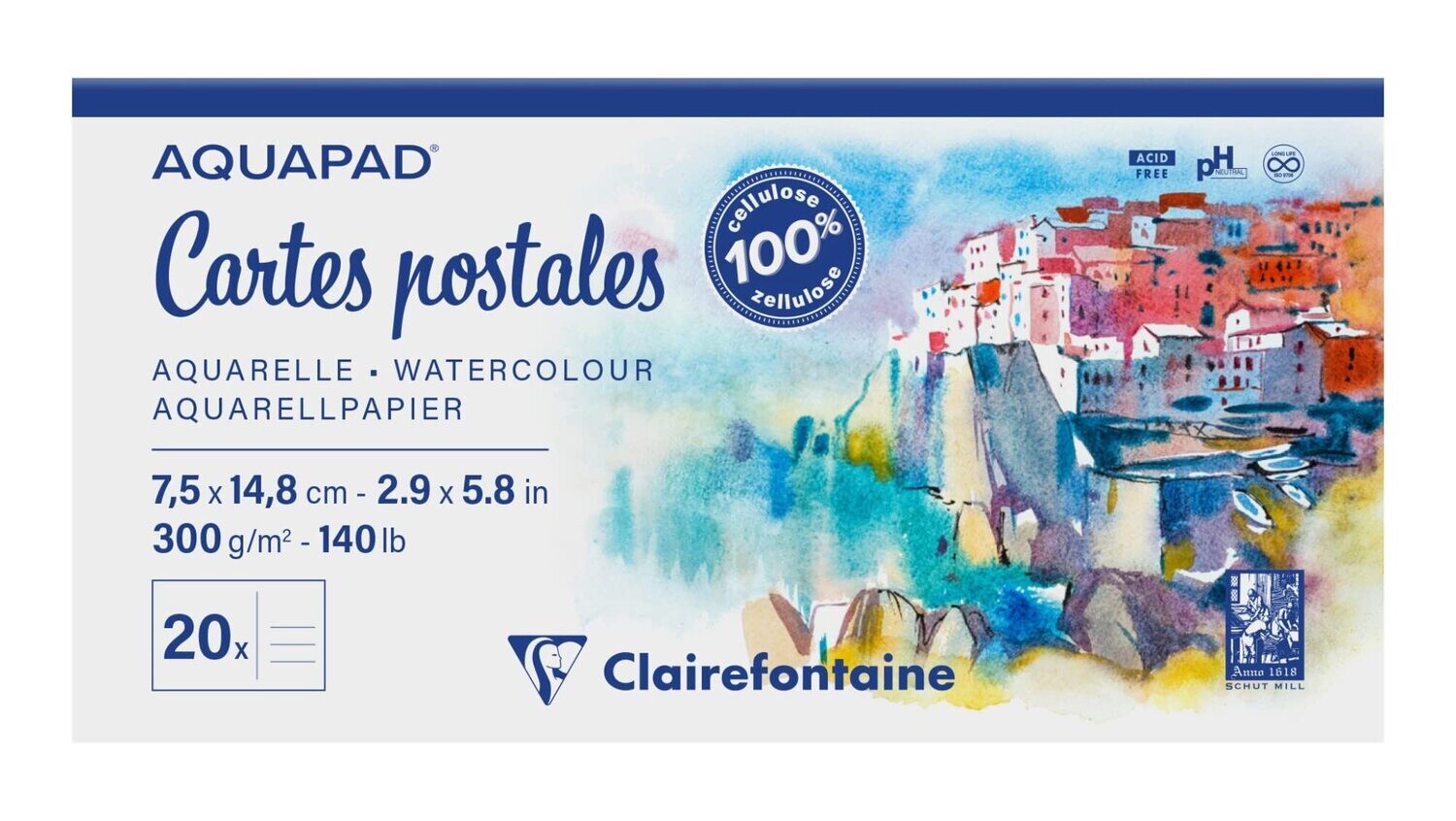 Clairefontaine - Aquapad - Glued postcards -Watercolour Pad - 7.5x 14.8