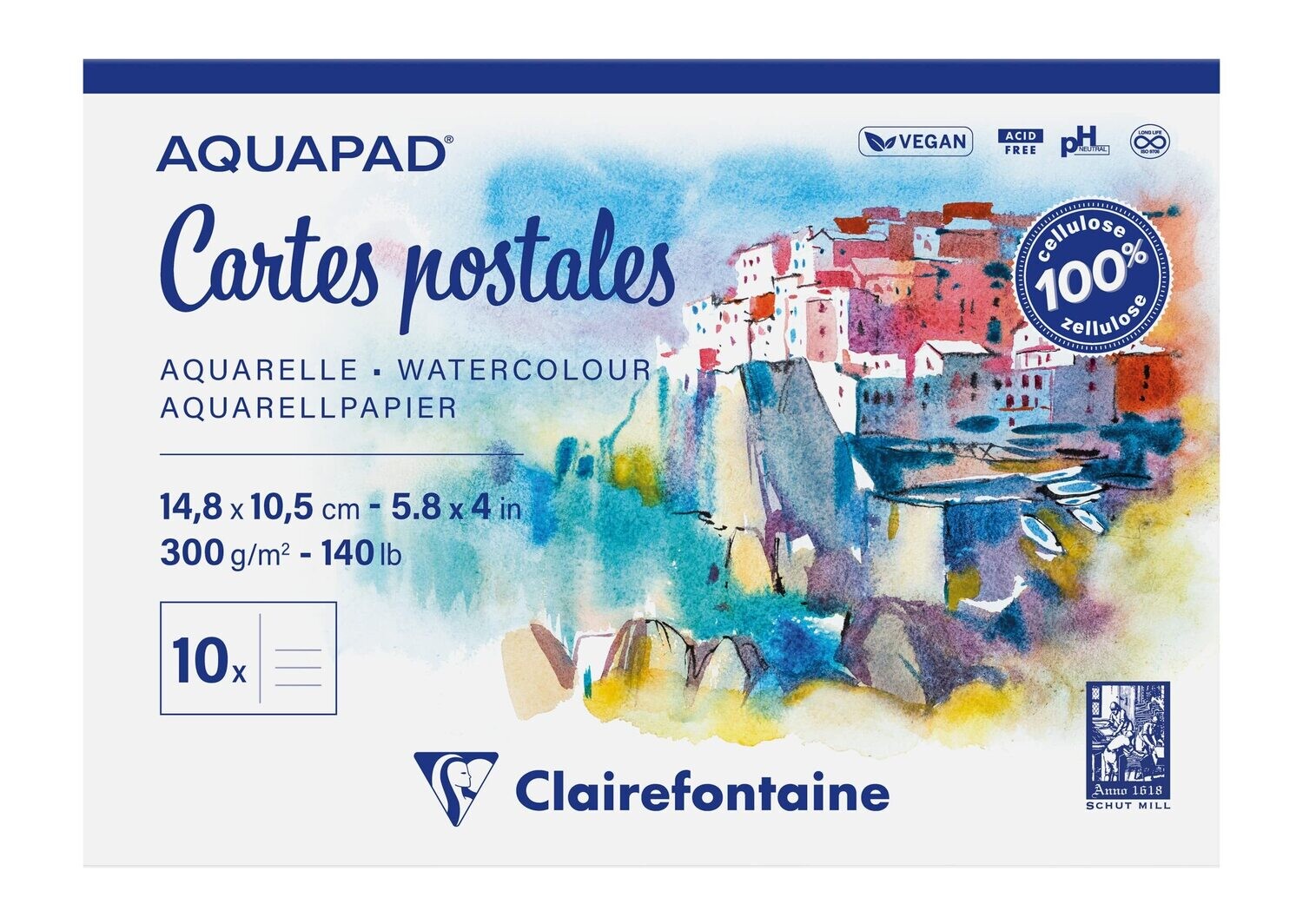 Clairefontaine - Aquapad - Glued Postcard - Watercolour Pad - 10.5 x 21cm