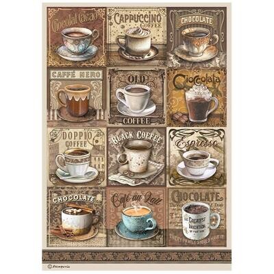 Stamperia - Coffee and Chocolate - A4 Rice Paper - Tags with cups