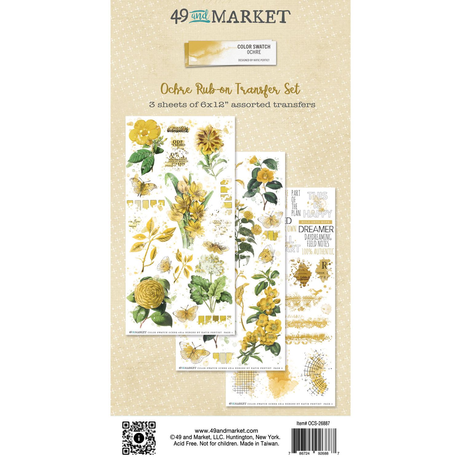 49 and Market - Ochre - Colour Swatch - 6&quot;x12&quot; Rub-on Transfers