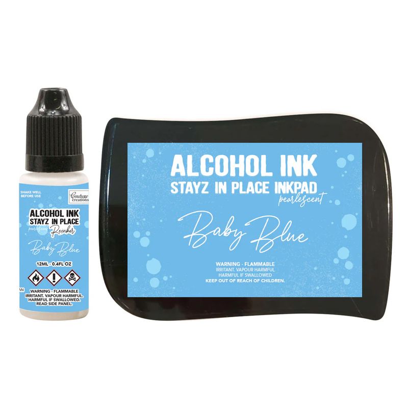 Couture Creations - Alcohol Stayz in Place Inkpad and Reinker - Baby Blue Perlescent