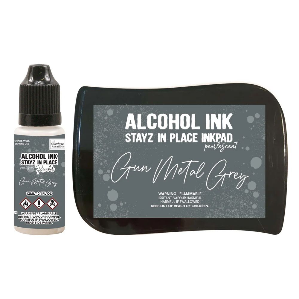 Couture Creations - Alcohol Stayz in Place Inkpad and Reinker - Gun Metal Grey Pearlescent