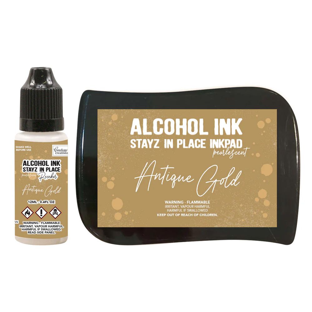 Couture Creations - Alcohol Stayz in Place Inkpad and Reinker - Antique Gold Pearlescent