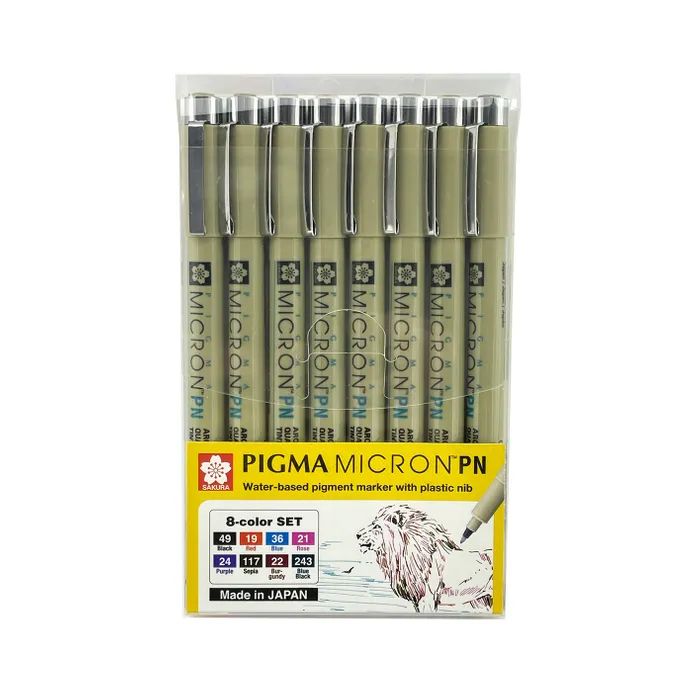 Sakura - Pigment Micron Pens - 8 Colour Set - PN (Plastic Nib) Set
