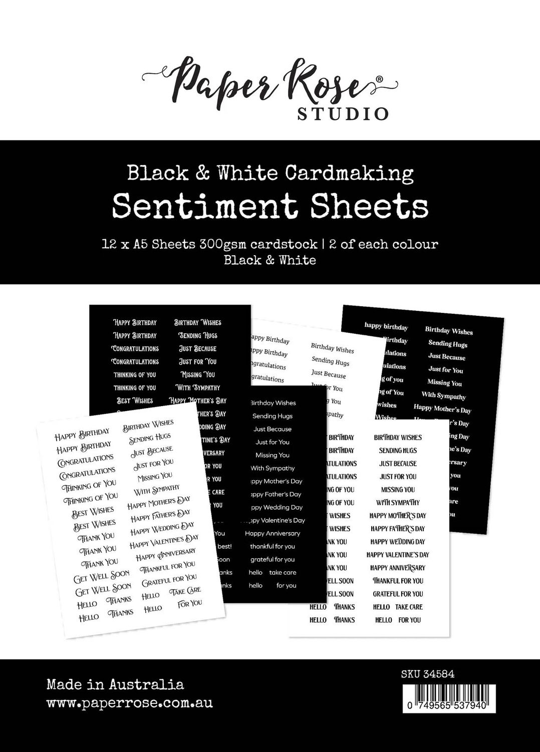 Paper Rose - Cardmaking Sentiments Sheet - 6&quot;x8&quot; - Black and White