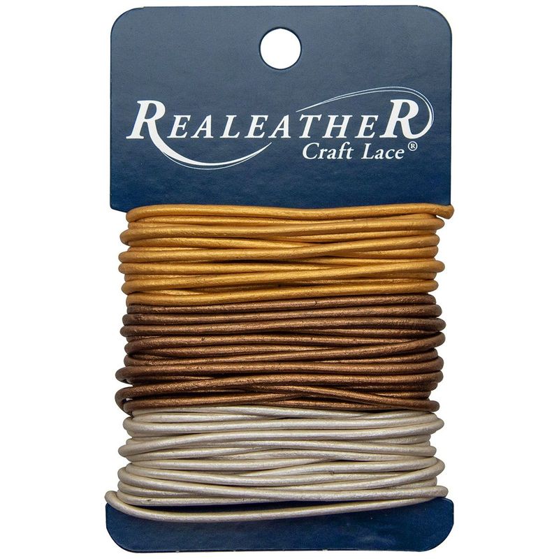 Realeather Crafts - Round Leather Lace - 3 x 2mm x 2 yards - Gold/Silver/Bronze