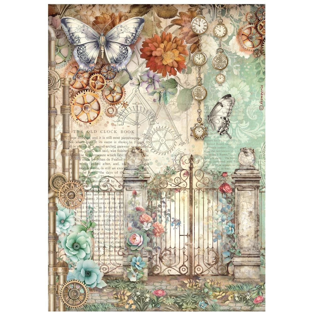 Stamperia - Gardens of Time - A4 Rice Paper - Gate and Butterfly