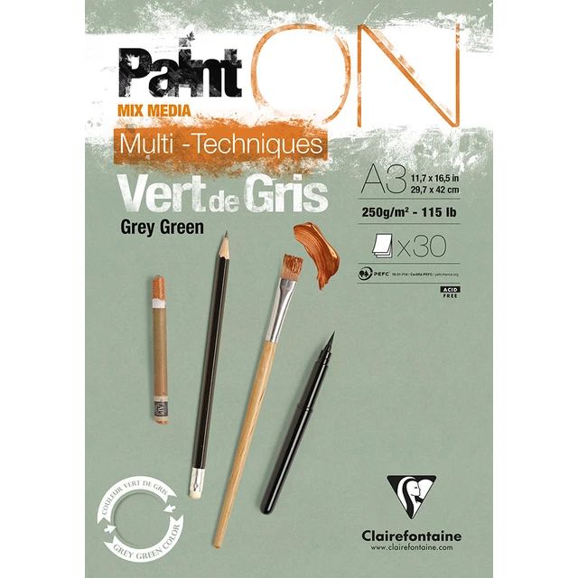 Clairfontaine - Paint'ON Multimedia Pad - 250gsm - Grey Green - A3 Clairfontaine - Paint'ON Multimedia Pad - 250gsm - Grey Green - A3