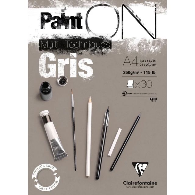Clairfontaine - Paint'ON Multimedia Pad - 250gsm - Gris/Grey - A4 Clairfontaine - Paint'ON Multimedia Pad - 250gsm - Gris/Grey - A4