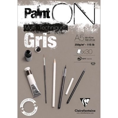 Clairfontaine - Paint'ON Multimedia Pad - 250gsm - Gris/Grey - A5 Clairfontaine - Paint'ON Multimedia Pad - 250gsm - Gris/Grey - A5