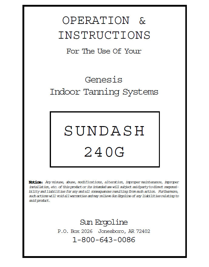 Sundash 240G Tanning Bed User Service Manual PRINTED