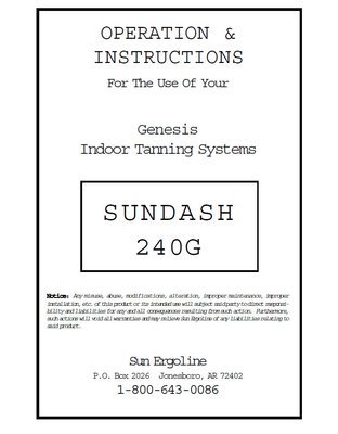 Sundash 240G Tanning Bed User Service Manual DOWNLOAD