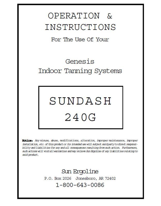 Sundash 240G Tanning Bed User Service Manual PRINTED