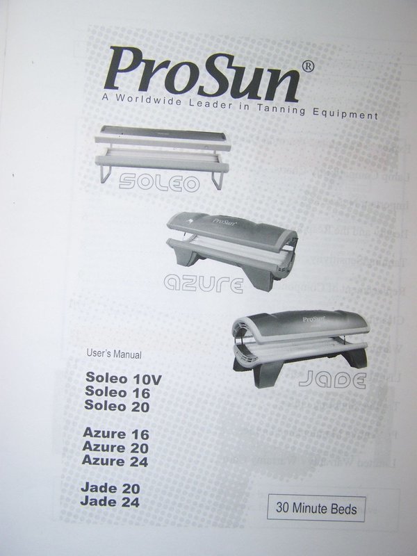 ProSun Tanning Bed Manual Jade Azure Soleo PRINTED Manual Pro Sun