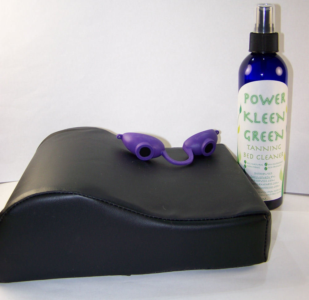 Tanning Accessory Starter Kit Pillow Goggles Power Kleen Green Acrylic Cleaner