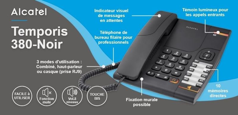 Téléphone fixe sans ondes, Alcatel Temporis A 380 Réf 180 Téléphone fixe sans ondes, Alcatel Temporis A 380 Réf 180
