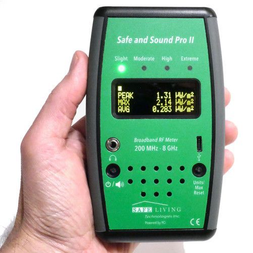 NOUVEAU ! Version 2026  µW/m² et V/m ! Détecteur hautes fréquences Safe and Sound Pro II + Housse  de protection + POCHETTE ANTI ONDES + PERCHE AVEC PINCE /  Réf 212