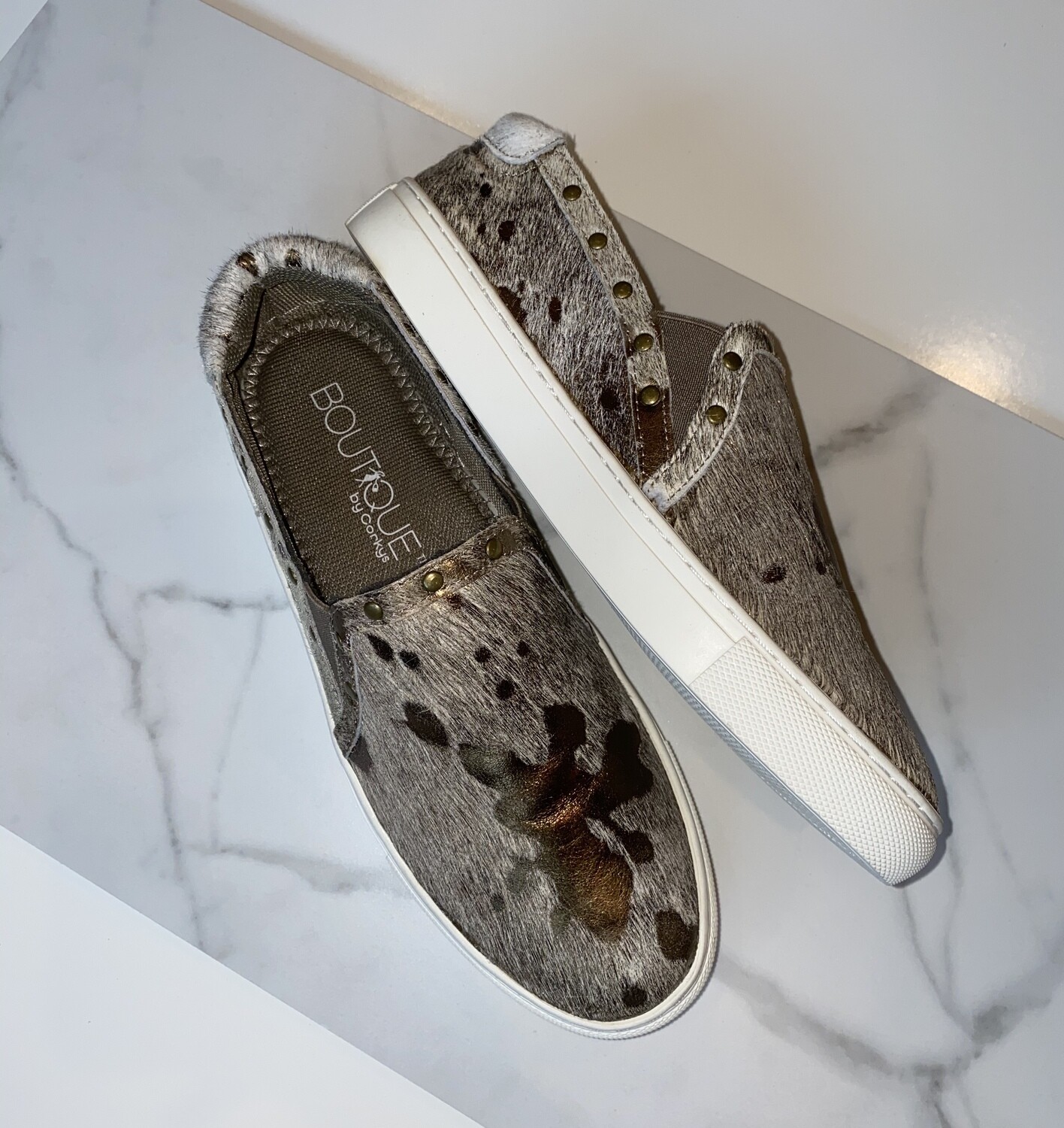 cow hide slip on shoes