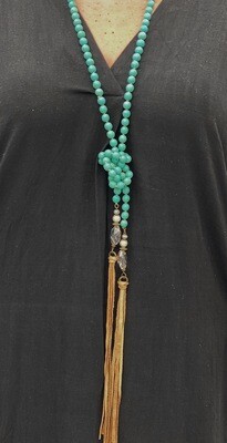 Turquoise Beaded Tassel & Crystal Necklace