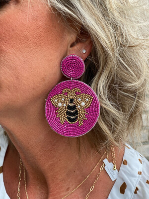Pink Beaded Bee Earrings