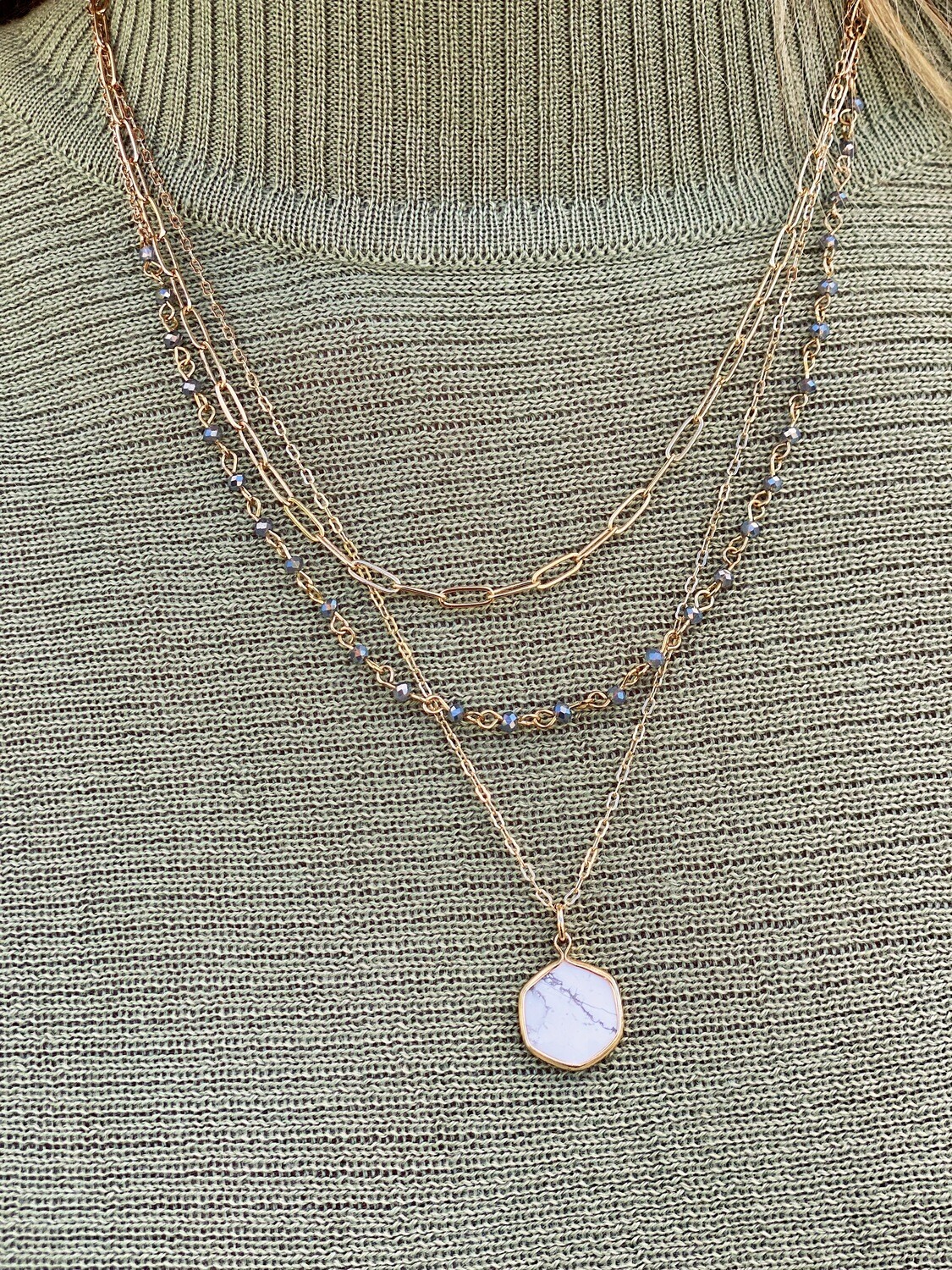Gold White Beaded Layered Necklace