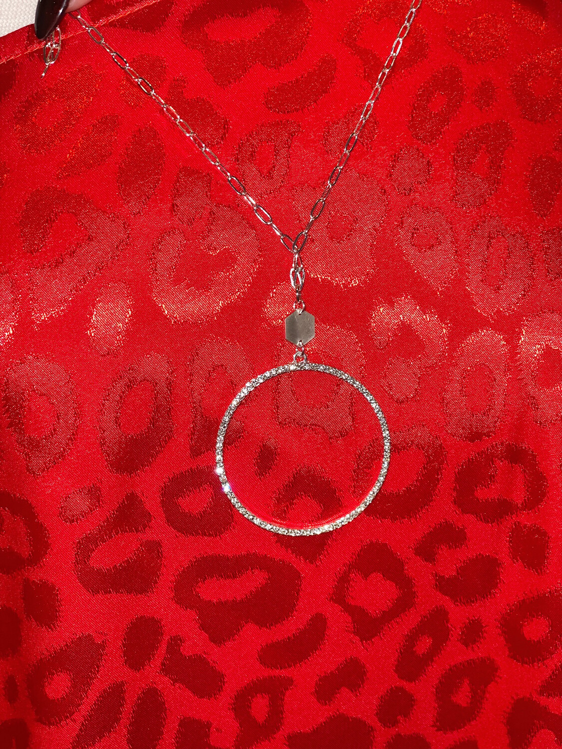 Silver Long Rhinestone Circle Necklace 