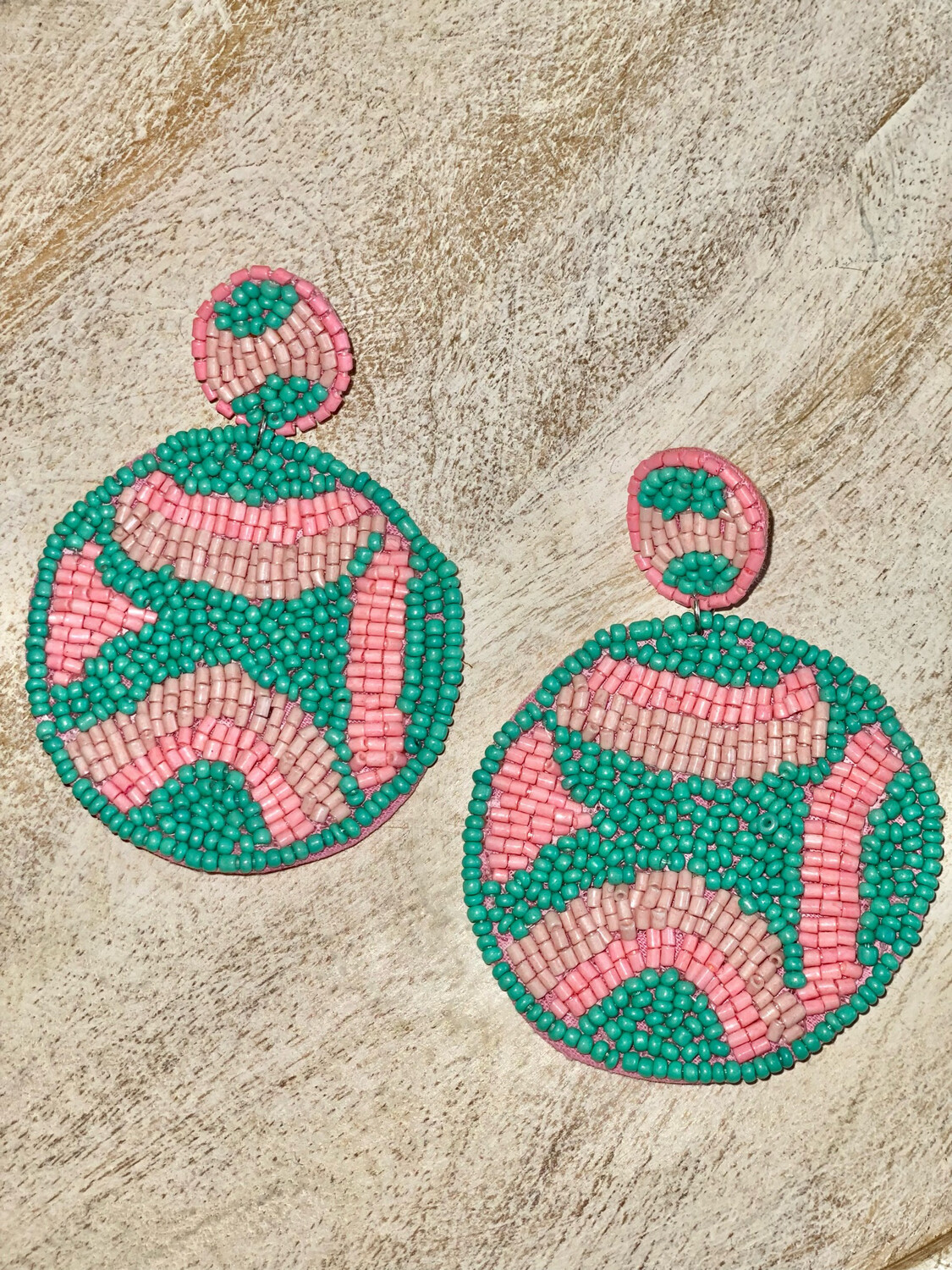 Mint & Pink Beaded Circle Earrings
