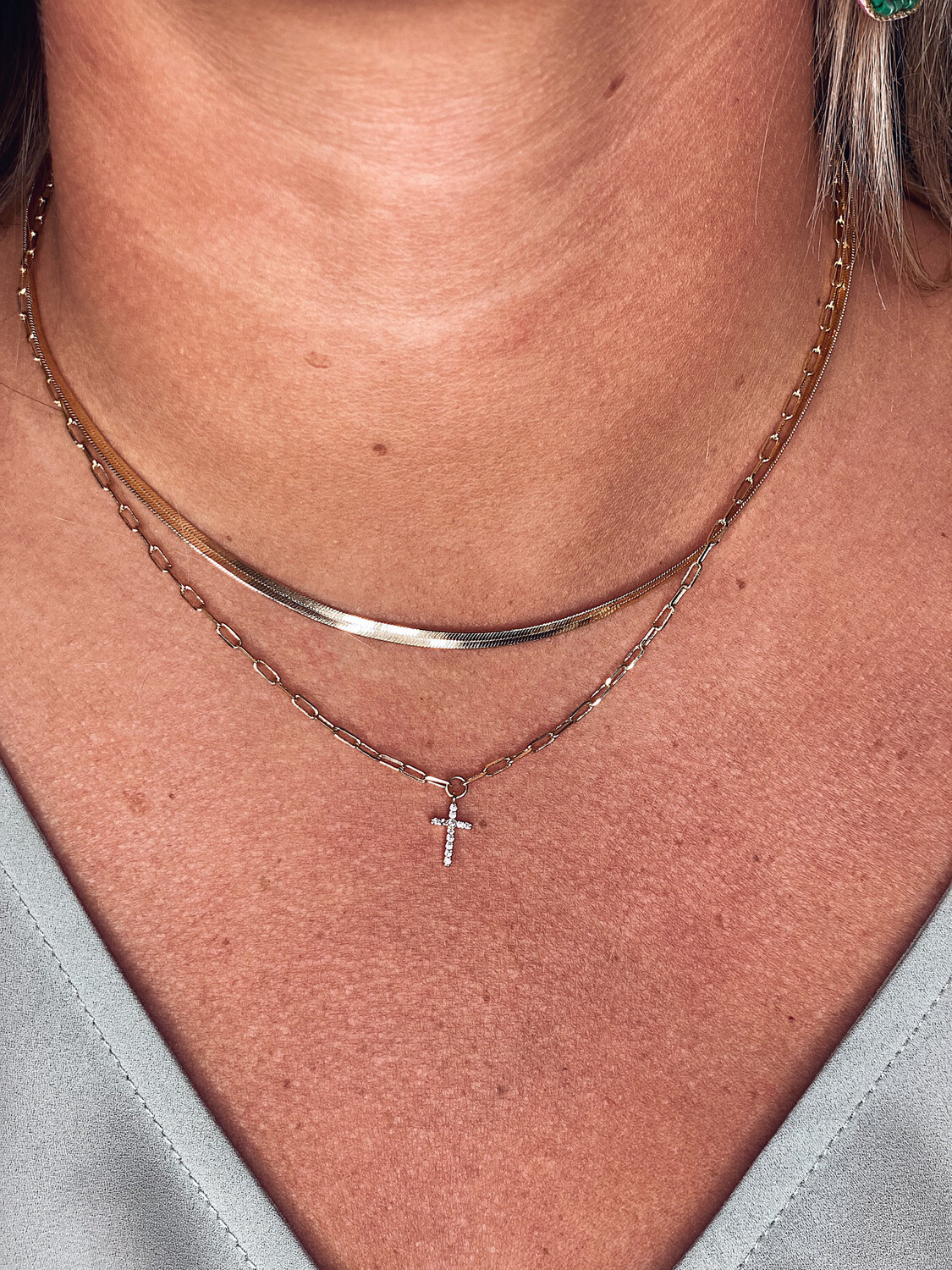 Gold Herringbone & Cross Layered Necklace